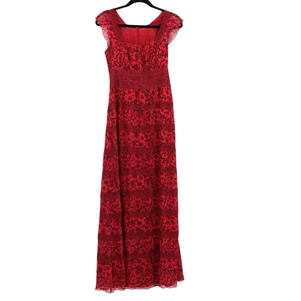 Free People Floral Lace Tiered Maxi‎ Dress Womens XS Red Witchy Moody Bloomcore